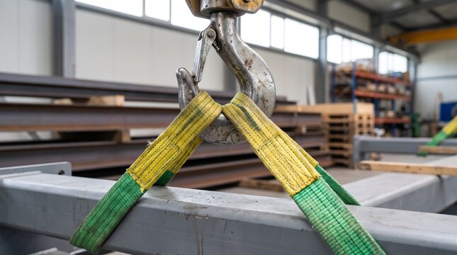Heavy-Duty Crane Hook and Lifting Slings Securing Industrial Cargo for Safe Material Handling
