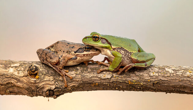 Two Amphibians Two Frogs Sitting Together on a Tree Branch in Natural Environment Wildlife Close Up