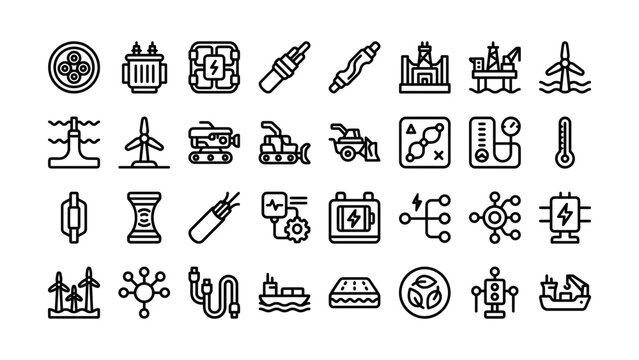 Collection of various energy and industrial technology icons isolated on transparent background