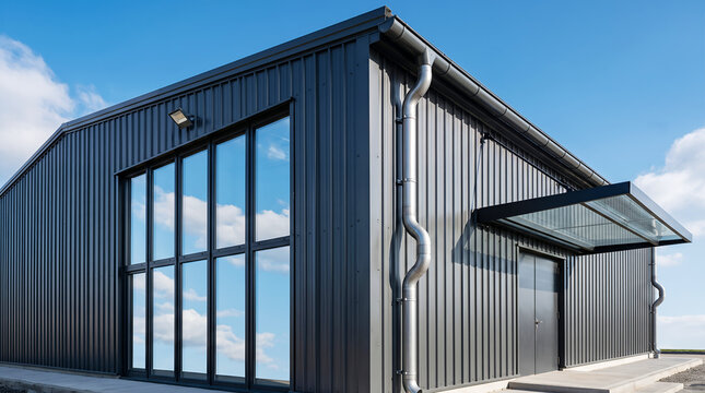 Exterior facade of a dark gray corrugated metal building with large glass windows, a steel downspout, and a glass canopy over the entrance