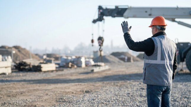 Construction signalman guiding crane operation at work site