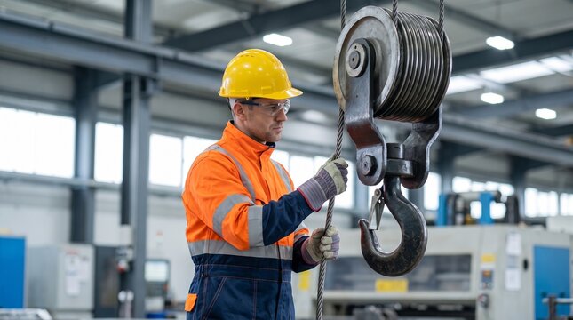 Crane Maintenance Technician Inspecting Wire Rope and Pulley System with PPE in Industrial Factory