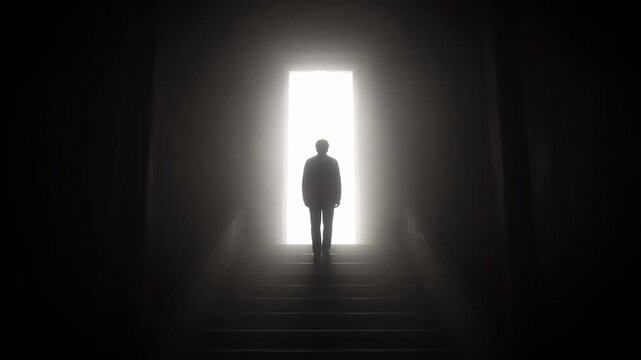 Silhouette of a Person Standing at the Bottom of Stairs with Bright Light in Dark Setting
