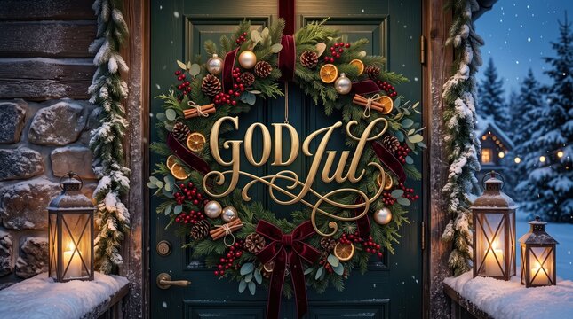 Ultra-realistic luxury Swedish Christmas wreath on a Scandinavian wooden door featuring elegant antique-gold &ldquo;God Jul&rdquo; lettering, burgundy velvet ribbon and warm lanterns