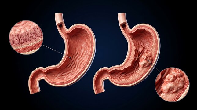 Comparison of healthy human stomach anatomy versus stomach with cancerous tumor growth and magnified views.