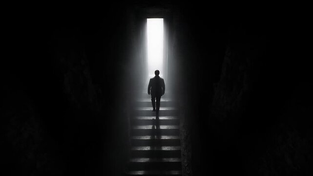 Silhouette of an Individual on Stairs Illuminated by Light in a Dark Passageway