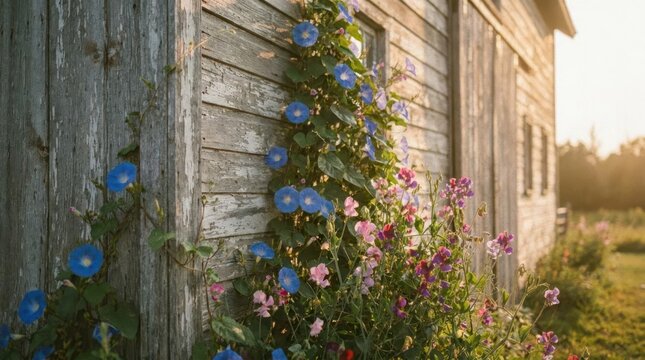Climbing morning glory flowers on rustic wooden barn.