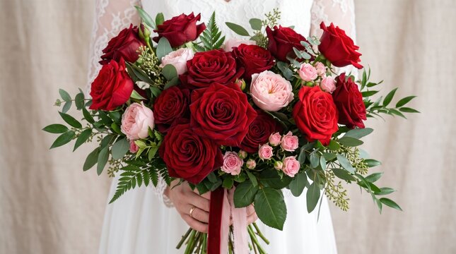 Elegant Red Rose Bridal Bouquet, Romantic Wedding Flowers Held by Bride, Floral Arrangement for Marriage Ceremony