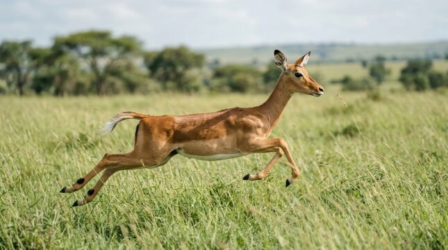 Impala in Full Stride: An elegant impala leaps gracefully through a sun-drenched savanna, its lean body a picture of agility and freedom amidst tall, wild grass.