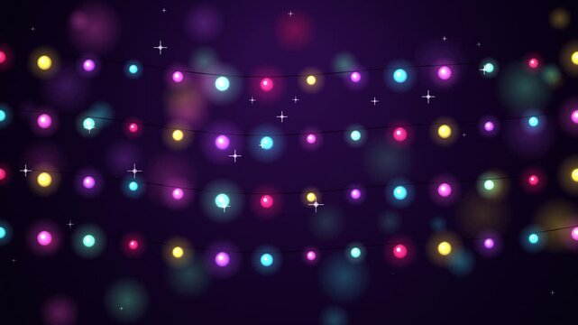 Animated colorful glowing light strings creating a festive celebration atmosphere vibrant bokeh effec