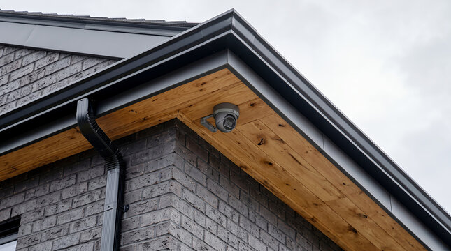 Security dome camera mounted under the wooden soffit of a dark gray brick house, exterior corner view with black metal gutter and downspout
