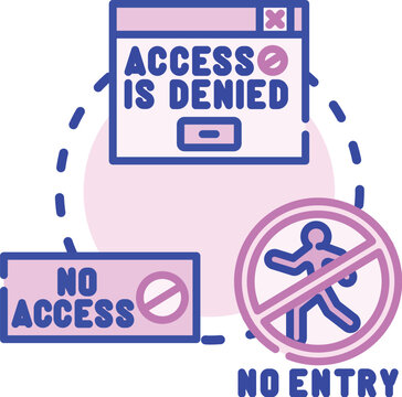 Denied entry concept featuring a red no entry sign with a person, an error message window, and an invalidated document, illustrating rejection, restriction, and prohibition
