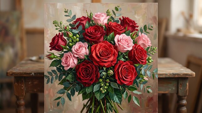 Romantic red and pink rose bouquet oil painting, vintage floral canvas art in artist studio, elegant flower arrangement for anniversary greeting cards