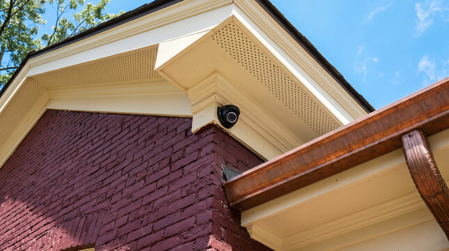 Black dome security camera mounted under the cream-colored eaves of a dark red brick building with a copper gutter against a blue sky