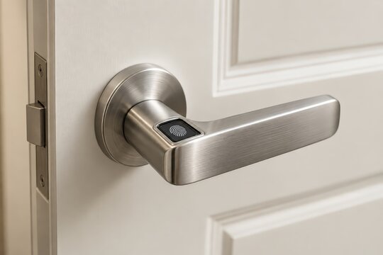 Fingerprint reader mounted on a brushed metal door handle
