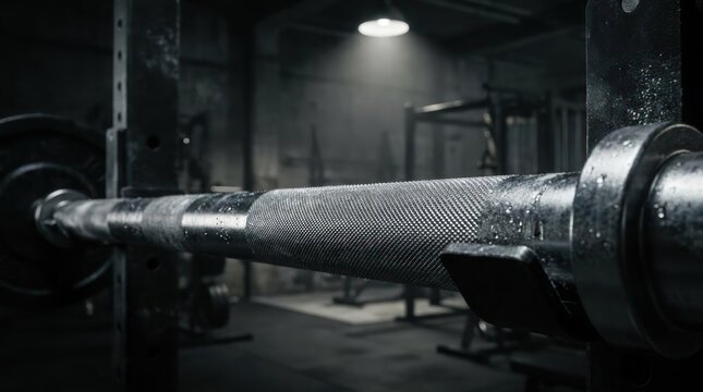 Close up of textured steel barbell in dark gym.