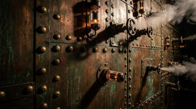 Close-up of steampunk copper plating with escaping steam valves.