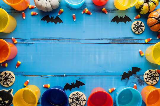 Halloween themed flat lay photography on a blue wooden surface with buckets candy corn bats and center copy space