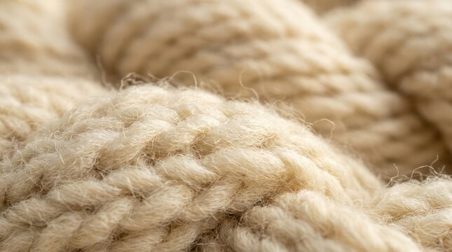 Close-up of thick beige knitted wool fabric texture.