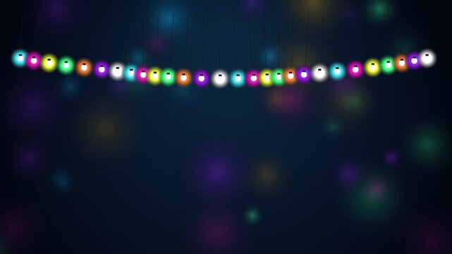 Animated string of vibrant colorful fairy lights creating a festive bokeh background loop perfect for