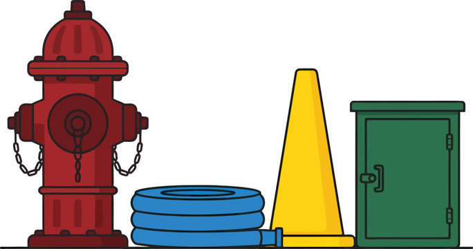 A collection of urban utility and emergency equipment including a hydrant hose cone and electrical box.