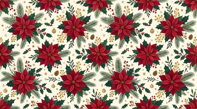 Festive red poinsettia floral seamless pattern with holiday pine and gold berries on cream background