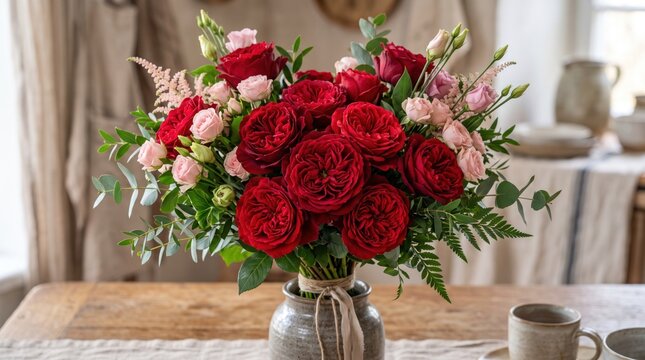 Romantic red rose bouquet in ceramic vase, elegant floral arrangement for wedding table, rustic spring flowers on wooden surface