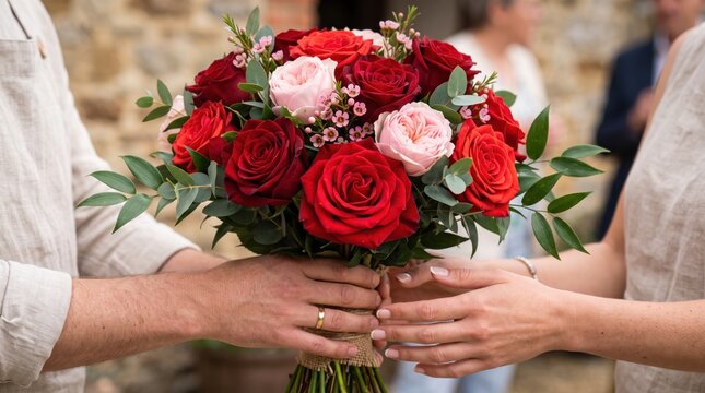 Romantic red rose wedding bouquet, couple holding floral arrangement, elegant bridal flowers for wedding celebration and anniversary background