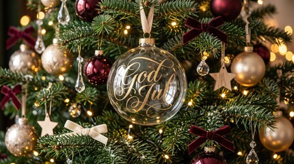 Obraz premium Ultra-realistic luxury Scandinavian Christmas tree featuring a transparent glass ornament with exquisite champagne-gold “God Jul” lettering surrounded by designer decorations and warm bokeh