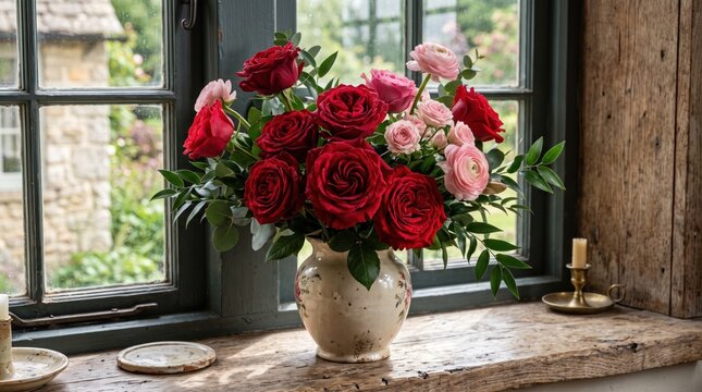 Rustic floral bouquet of red roses and pink flowers, elegant ceramic vase on stone windowsill, romantic country interior decor