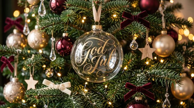 Ultra-realistic luxury Scandinavian Christmas tree featuring a transparent glass ornament with exquisite champagne-gold &ldquo;God Jul&rdquo; lettering surrounded by designer decorations and warm bokeh