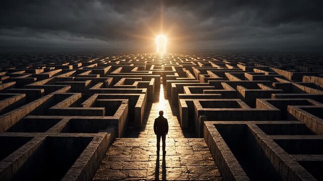 Solitary Figure In Labyrinth Under Dark Clouds Observing Sunlight Breaking Through Horizon