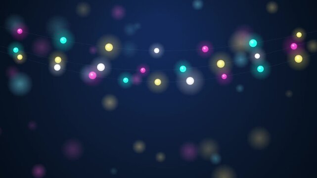 Beautiful festive string lights background loop animation glowing bokeh particles on dark blue night