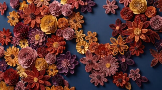 Colorful paper quilling flower art on dark blue background.