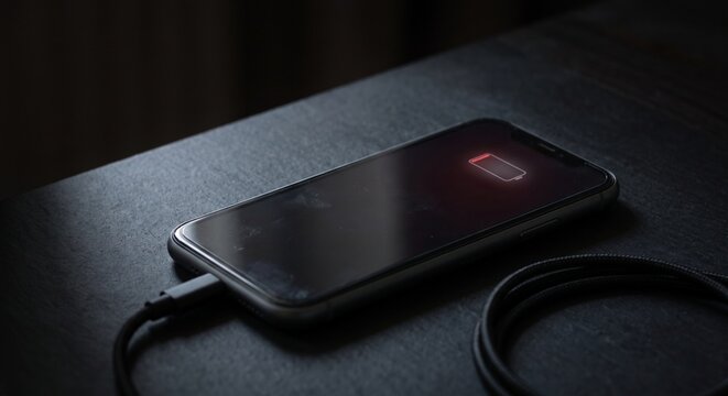 Smartphone with Low Red Battery Icon on Screen Lying on Dark Desk with Cable. Concept of Burnout, Exhaustion, Digital Detox and Needing to Recharge.