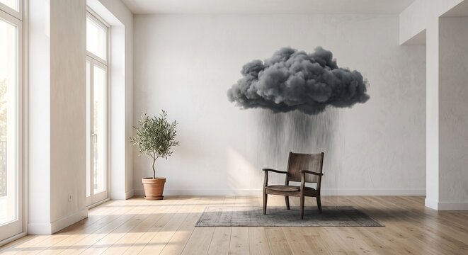 Dark Raining Cloud Over Single Empty Wooden Chair in Bright Living Room. Surreal Conceptual Image of Personal Depression, Invisible Illness, Grief and Bad Luck.