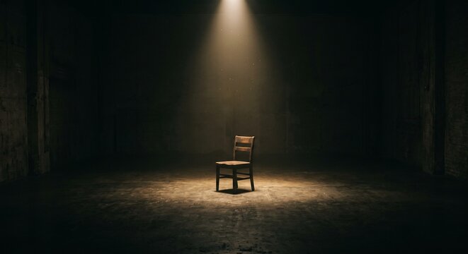 Single Empty Wooden Chair Illuminated by Dramatic Spotlight in Pitch Black Room. Concept of Loneliness, Absence, Grief, Anxiety and Interrogation.