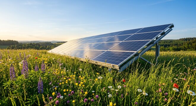 Solar Panel in Green Summer Meadow with Blooming Wildflowers (Lupinus). Renewable Clean Energy and Eco Friendly Sustainable Development Concept.   