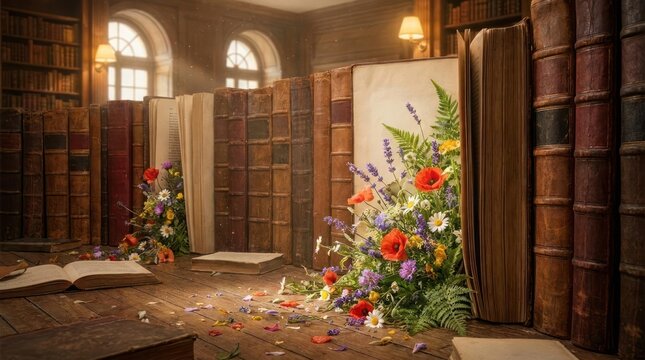 Colorful wildflowers in a library with giant book spines.