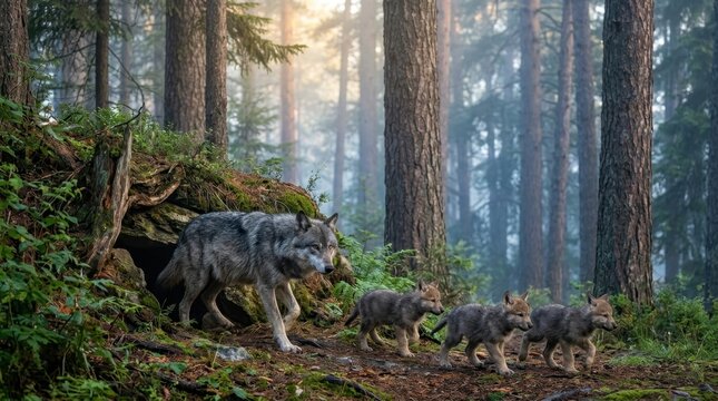 Wolf Pack Journey: A majestic wolf leads its playful cubs through a sun-dappled forest floor, emerging from a rocky den. The misty, ancient woodland evokes a sense of wild beauty and familial bond.
