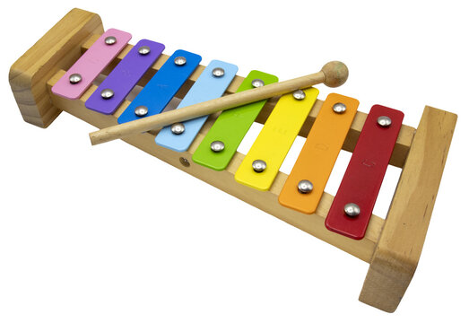 Colorful wooden xylophone toy with a mallet isolated on a clean white background for music