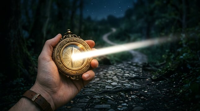 Hand Holding Magic Antique Compass Emitting Light Beam Towards Dark Forest Path at Night for Guidance