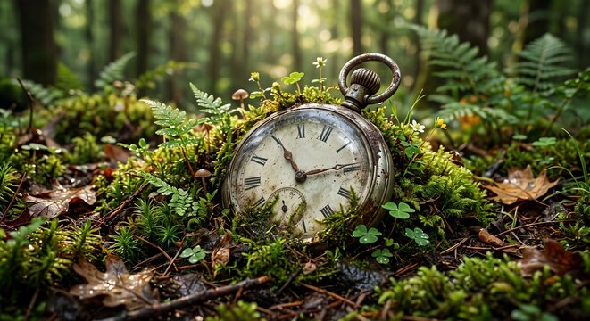 Rusty Vintage Pocket Watch Overgrown with Green Moss and Ferns (Polypodiopsida) on Forest Floor. Concept of Nature Reclaiming Time and Eternal Life Cycle.