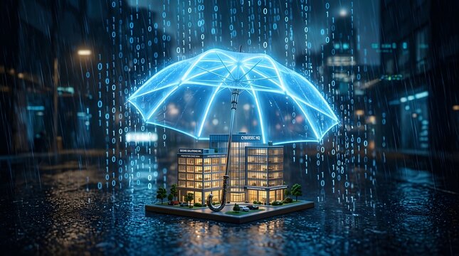 Cybersecurity Concept: Glowing Umbrella Shielding Office Building from Binary Code Rain in a Dark City Scene