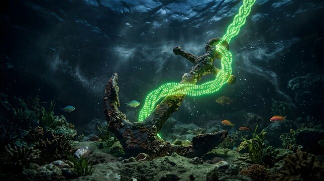 Futuristic Underwater Data Anchor with Glowing Green Binary Code and Digital Streams