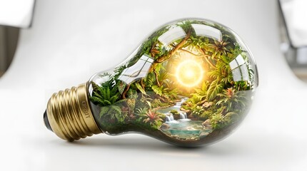 Fototapeta premium Miniature Tropical Jungle Ecosystem Inside a Glass Light Bulb - Green Energy Concept