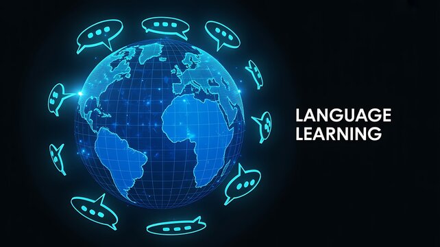 Language learning concept with digital earth and global communication symbols
