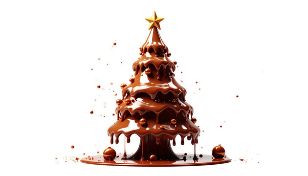 a Christmas tree made of melting chocolate, isolated on transparent background.