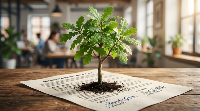 Sustainable Business Growth Concept: Small Oak Tree Sapling Growing from Signed Partnership Agreement