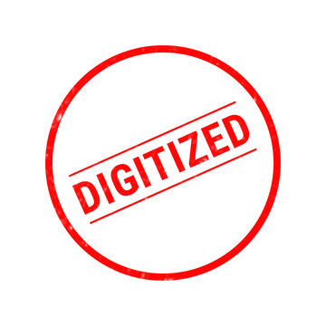 A bright red circular rubber stamp graphic featuring the word digitized written in bold capital letters isolated on a clean white background surface